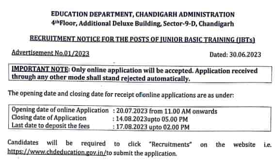 Chandigarh JBT Teacher Vacancy Notification