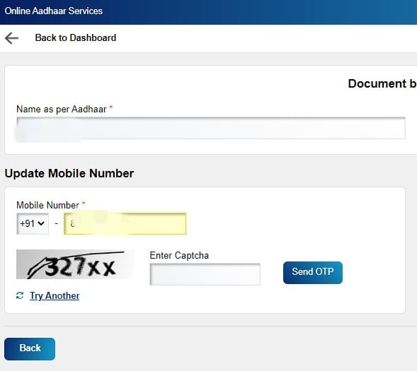 fill in the captcha and update mobile number
